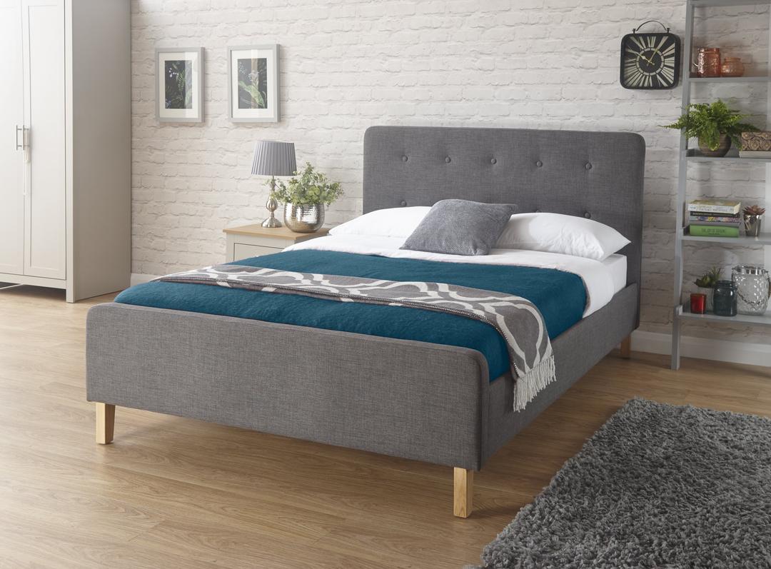 Home Source - Modern High Headboard Buttoned Grey Fabric Light Oak Effect Leg King 5FT Bed