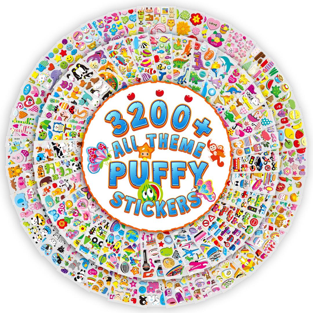 Stickers for Kids, 3D Puffy Stickers, 64 Different Sheets, 3200+ Cute Stickers, Including Animals, Cars, Airplane, Food, Letters, Flowers, Pets, Cakes and Tons More