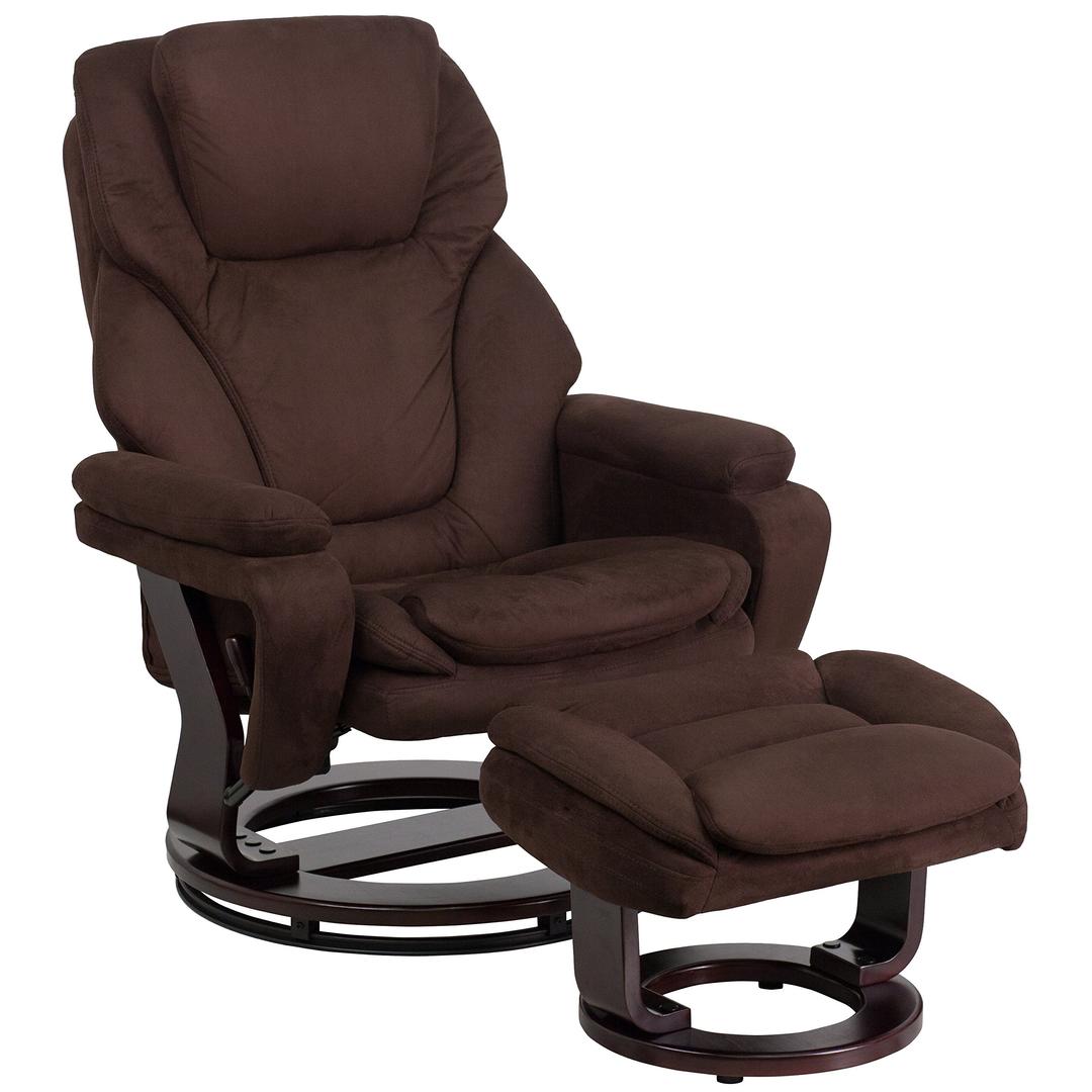 Flash Furniture Austin Contemporary Multi-Position Recliner and Ottoman with Swivel Mahogany Wood Base in Brown Microfiber