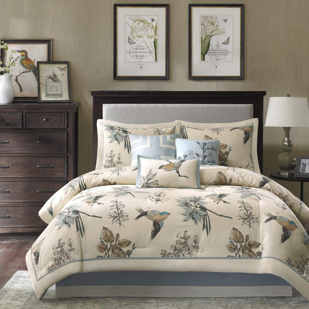 Madison ParkQuincy Cozy Comforter Nature Scenery Design - All Season Bedding, Matching Bed Skirt, Decorative Pillows, Quincy, Leaf & Bird Khaki Queen(90"x90") 7 Piece