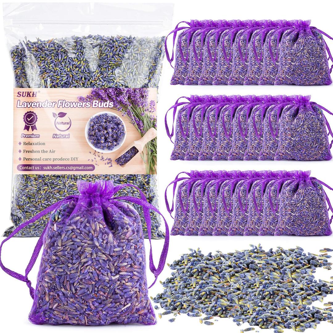 8.4OZ Sukh Lavender Sachet Bags - Fresh Scented Dried Lavender Flowers Potpourri Bags Refill Sachets for Drawers and Closets as Lavender Air Freshener, Space Stuff Closet Perfume and Home Fragrance