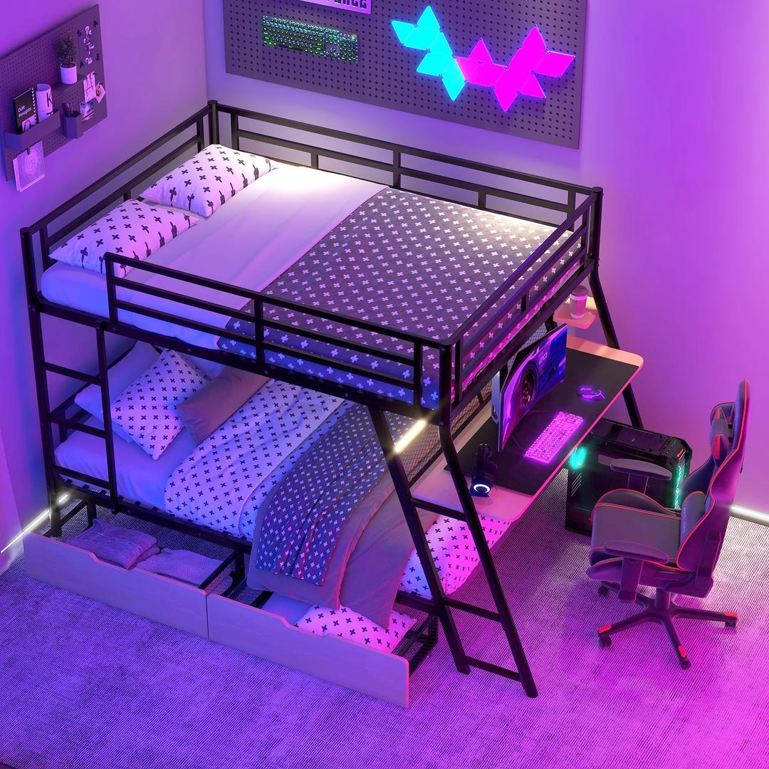 BOVZA Gaming Bunk Beds Full Over Full Size Metal Frame with Built-in Desk, LED Light Strip and 2 Drawers for Kids Teens Adults, Black