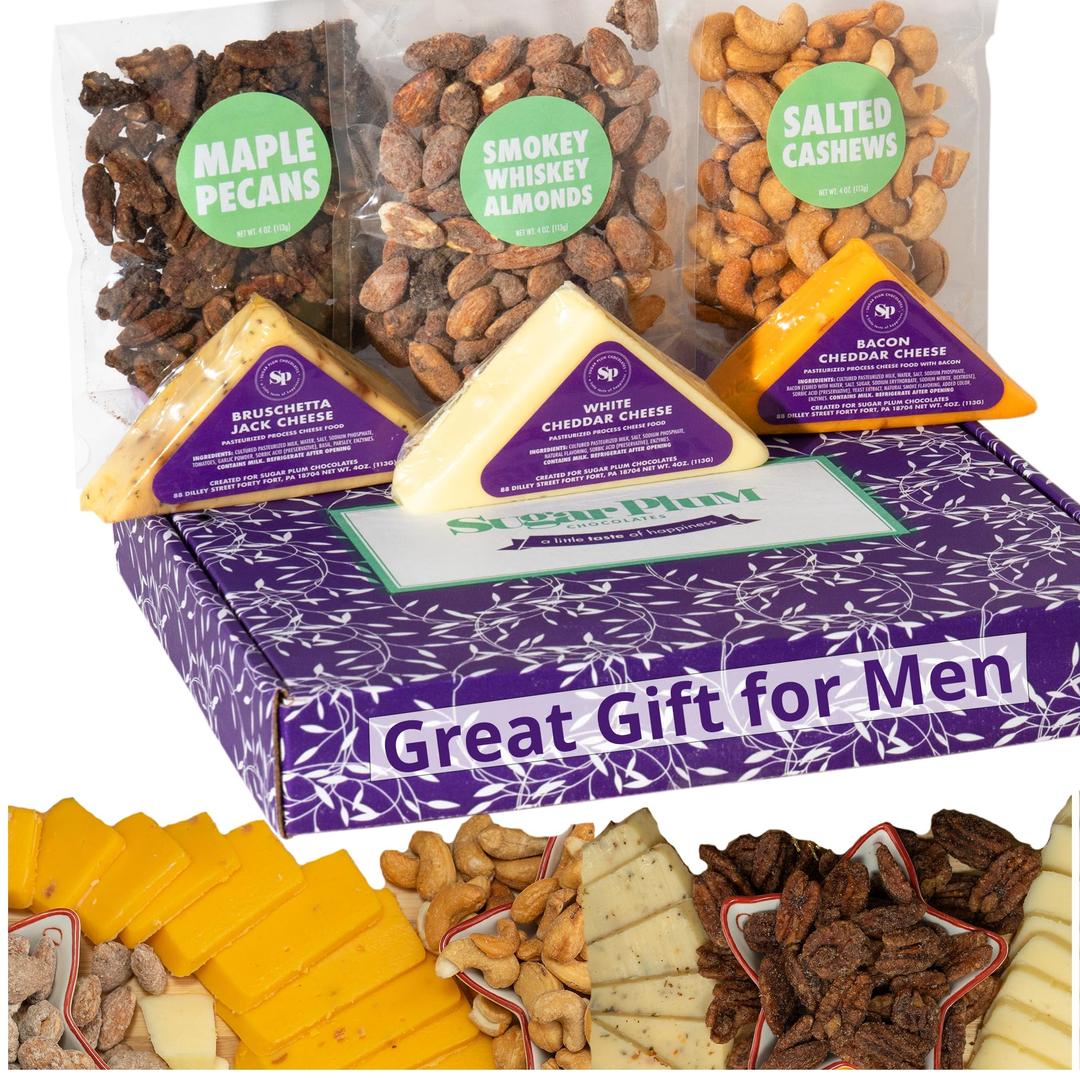 Cheese and Nuts Gift Basket - Gift for Men, Birthday, Includes Cashews, Almonds, Pecans, Jack and Cheddar Cheeses - Great Adult Gift Basket for Men, Her, Family, Friends – 1.5 pounds