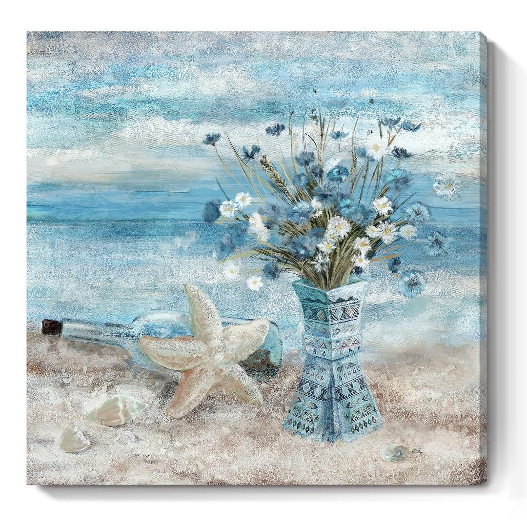 Beach Wall Art for Living Room Blue Ocean Theme Canvas Print Modern Abstract Coastal Picture Seascape Painting Daisy Flower in Indian Vase Framed Artwork for Seaside Bedroom Bathroom Office 24x24inch