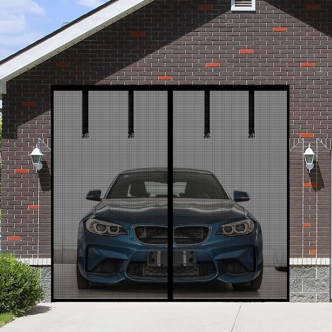 Magnetic Garage Screen Door for 1 Car Garage Doors 9x7FT- Reinforced Self Sealing Fiberglass Mesh Door with 4 Strapping Tapes, High Energy Magnets，Hands Free Door Screen with Closure Weighted Bottom