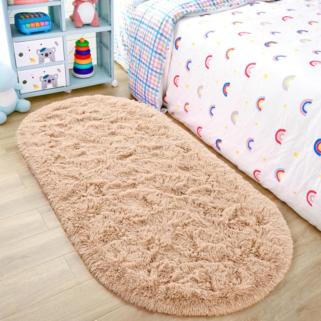 Noahas Ultra Soft Fluffy Bedroom Rugs,2.6' X 5.3' Oval Beige Fluffy Rugs for Bedroom,Small Throw Rugs, Kids Room Carpet Modern Shaggy Area Rugs Home Decor