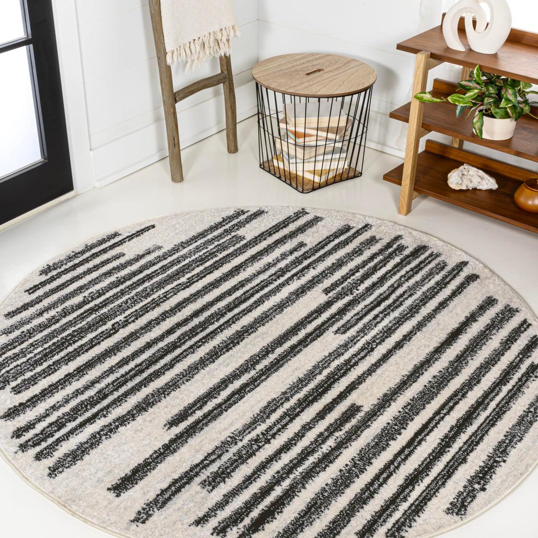 JONATHAN YMOH207A-4R Khalil Modern Berber Stripe Area Rug, Contemporary, Bohemian, Scandinavian, Minimalistic, Rustic for Living Room, Dining Room, Bedroom, Kitchen, Cream/Black, 4' Round