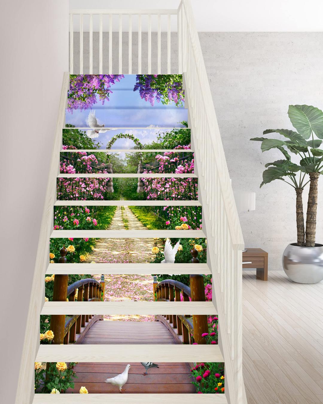 Stair Decals - FLFK Stair Stickers Decals Peel and Stick,Flower and Grass Paths Stair Risers Decals Self-Adhesive for Home Decor, 39.3" W x 7.08" H x 13Pcs