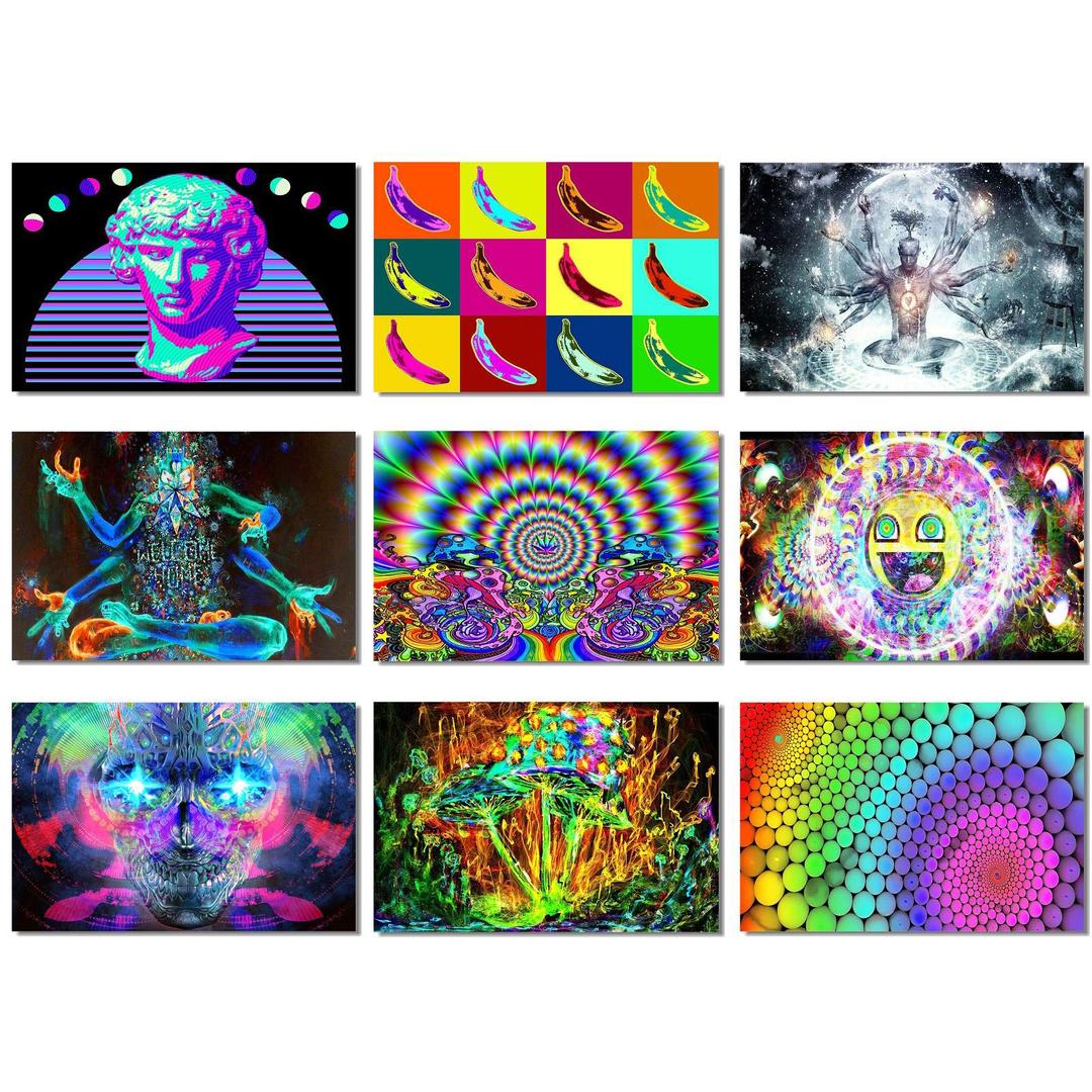 SmartWallStation 9x Fabric Poster Psychedelic Trippy Colorful Trippy Surreal Abstract Astral Digital Wall Art Prints 20x13 (50x33cm) (1-9)(Not Blacklight)