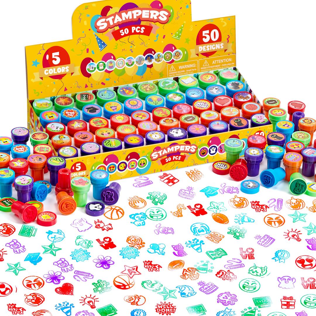 JOYIN 50 Pcs Assorted Stamps for Kids - Self-Ink Stamps with 50 Designs for Birthday Party Favor, Carnival Prizes, School Stampers, Goodie Bag, Halloween, Christmas (Zoo, Holiday Stampers)