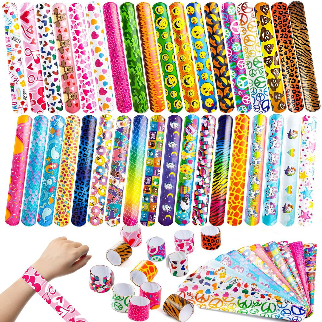 JOYIN 60 Pcs Slap Bracelets for Kids Bulk Wristbands with Animals, Friendship, Heart Print 36 Designs, for kids Easter Party Favors, Classroom Prizes Exchanging Gifts