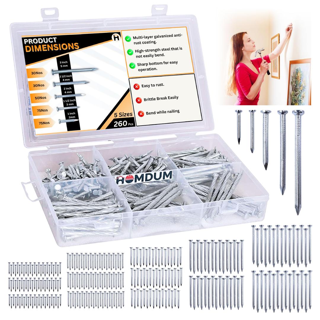 Homdum Assorted Hard Steel Concrete Nails (1”-1½”-2”-2½” -3”) Pack contains 260 Pcs of 5 sizes (5 Sizes)