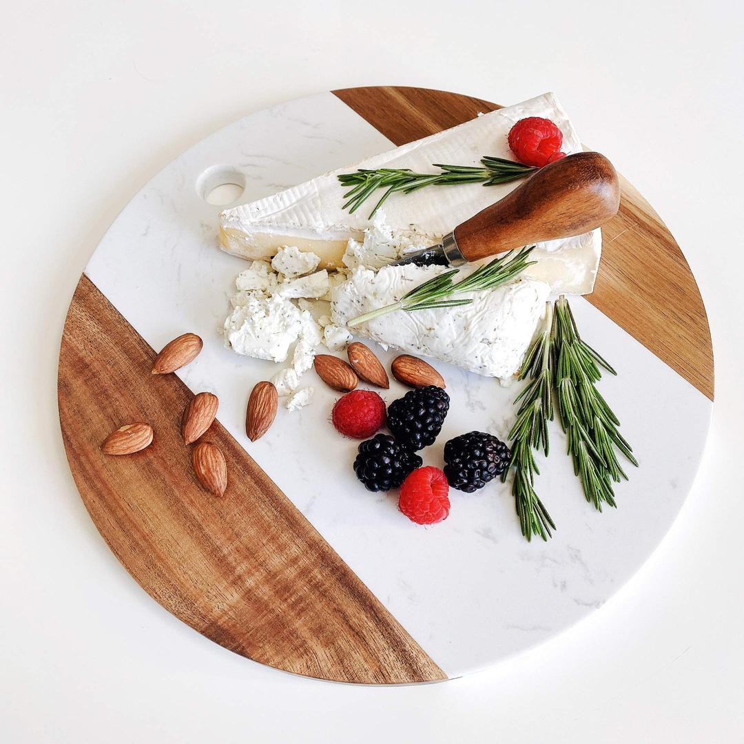 Marble Cheese Board with Acacia Accent 12" Round - Beautifully Handcrafted Charcuterie Board for Two - Round Cutting Board - Wonderful Housewarming Gift 11x11x0.6 inches