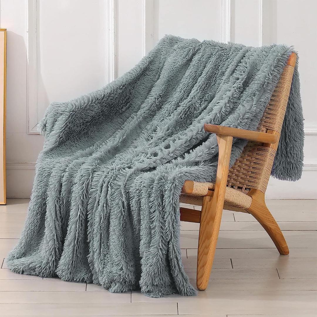 Tuddrom Decorative Extra Soft Faux Fur Throw Blanket 50" x 60",Solid Fuzzy Reversible Long Hair Shaggy Blanket,Fluffy Cozy Plush Mink Fleece Comfy Microfiber Blanket for Couch Sofa Bed,Gray Blue