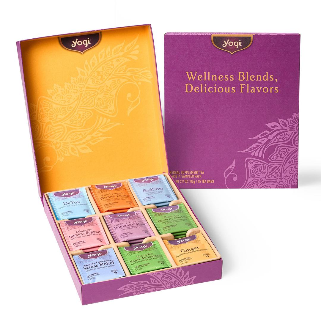 Favorites Yogi Tea Organic Sampler Gift Box - Assorted Delicious Wellness Teas - 9 Herbal, Green & Black Teas - Tea Gift Set & Variety Pack (45 Tea Bags)