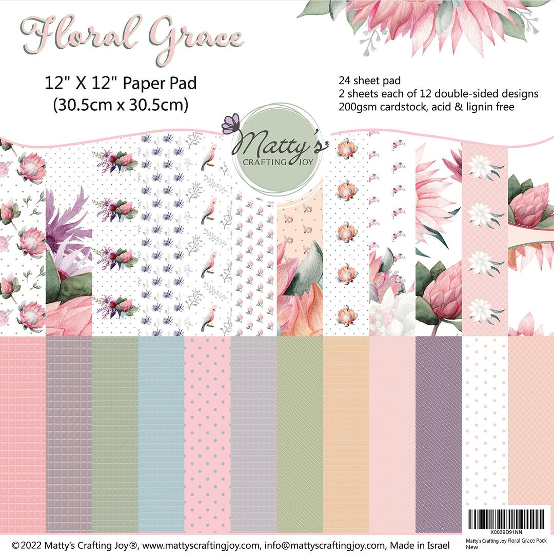 Matty's Crafting Joy Floral Grace 12x12 Double Sided Scrapbook Cardstock Paper Pad, 24 Floral Designer Patterned Paper Pack