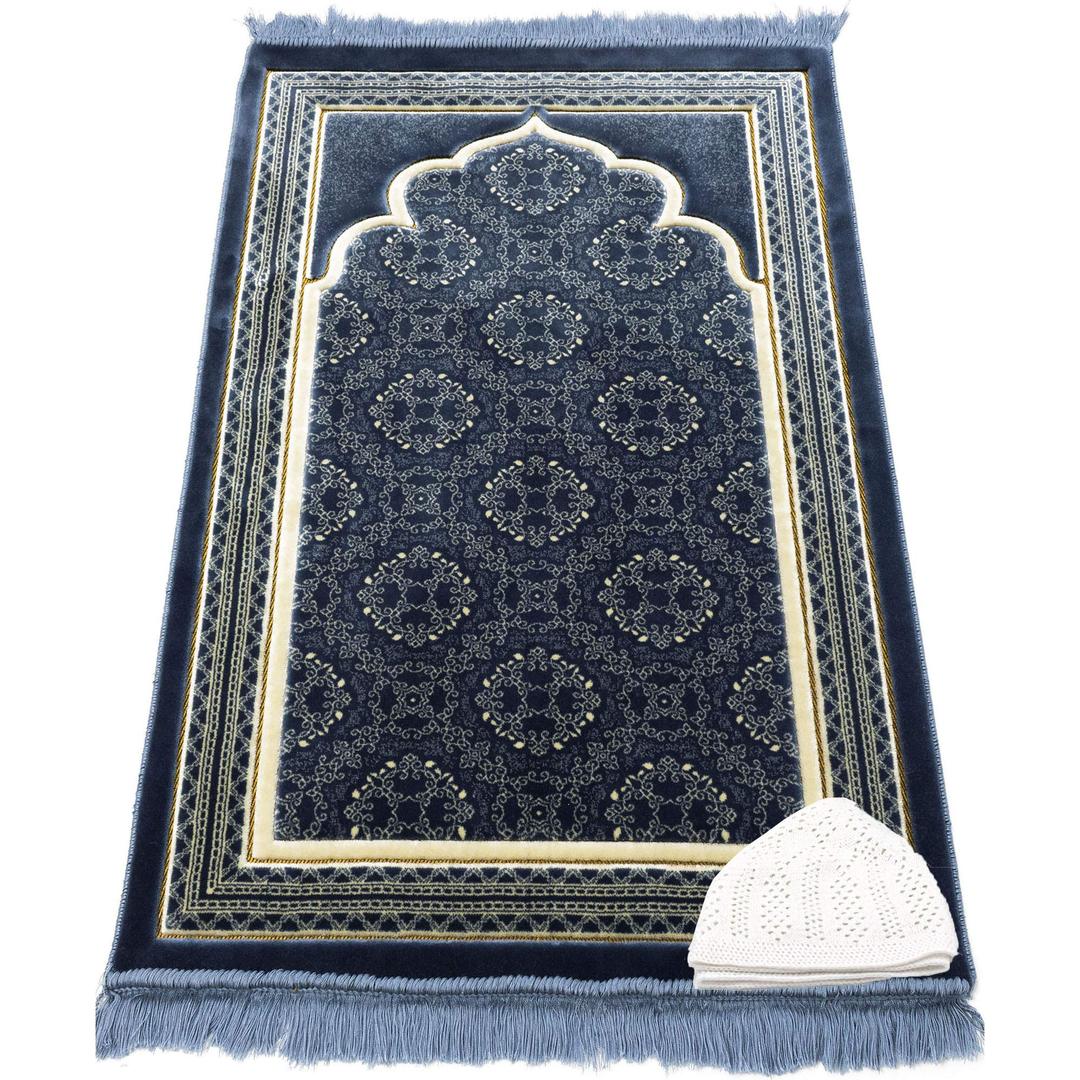 Modefa Turkish Islamic Prayer Rug - Soft Velvet Janamaz Praying Carpet - Comfortable Muslim Praying Mat for Men & Women - Ramadan or Eid Gift - with Kufi Prayer Cap - Elegant Swirl (Blue)