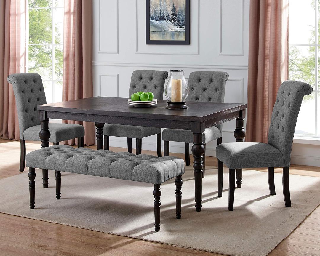 Roundhill FurnitureLeviton Urban Style Dark Washed Wood Dining Set: Table, 4 Chairs and Bench, Gray