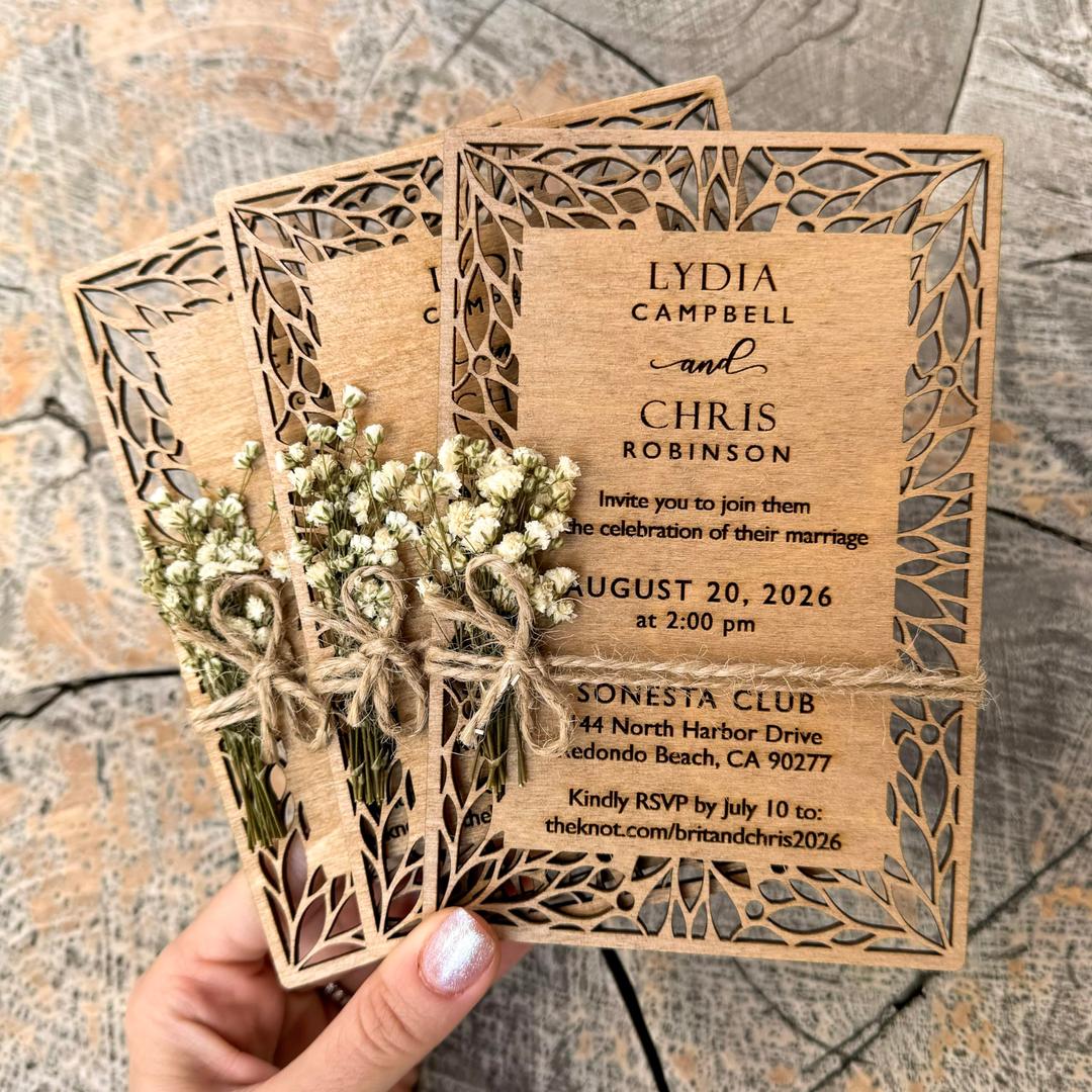 Pack of Floral Personalized Wedding Invitations - Laser Cut Wedding Invitation - Flower Twined Wooden Invitations with Envelopes & Stickers