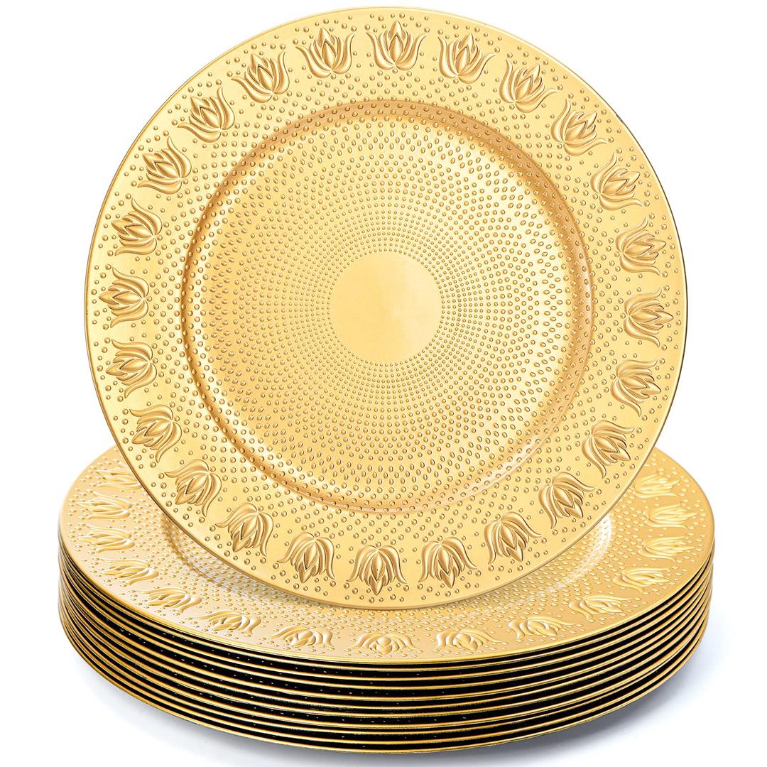 WUWEOT12 Pack Gold Charger Plates, 13" Plastic Round Dinner Under Plates Bulk, Reusable Charger Service Base Plates with Embossed Pattern for Party, Wedding, Catering Event, Tabletop Decor