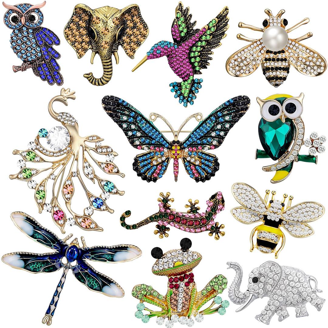 Junkin12 Pcs Women Brooches Bulk Set Rhinestone Crystal Vintage with Hummingbird Owl Elephant Peacock Bee Brooch Pin Animal Shape Butterfly Pins for Women Girls Christmas Gifts