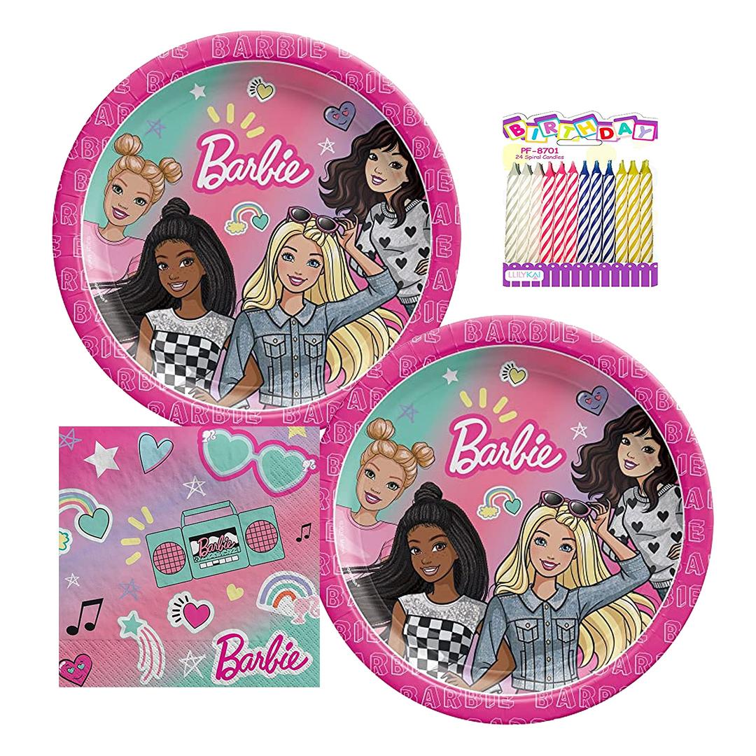 Barbie Dream Together Party Supplies Pack Serves 16: Dessert Plates and Beverage Napkins with Birthday Candles (Bundle for 16)