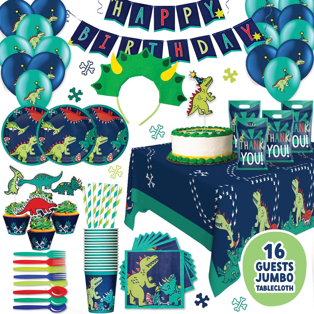 Dinosaur Birthday Decorations Party Supplies - Jurassic Park Party Decorations, 16 Guest-Include Dino Plates Cups Napkins Banner Cutlery Balloon Tablecloth Straws Toppers