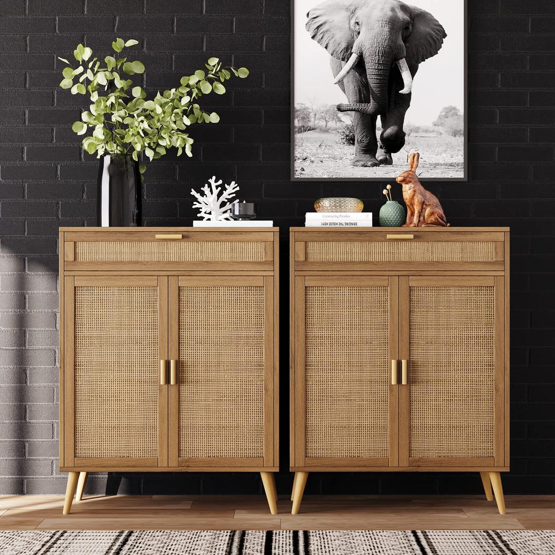 Rovaurx Set of 2 Floor Storage Cabinet with Rattan Doors, Accent Bathroom Cabinet with Large Drawer, Freestanding Storage Cabinet Organizer, Natural BMGZ107M02