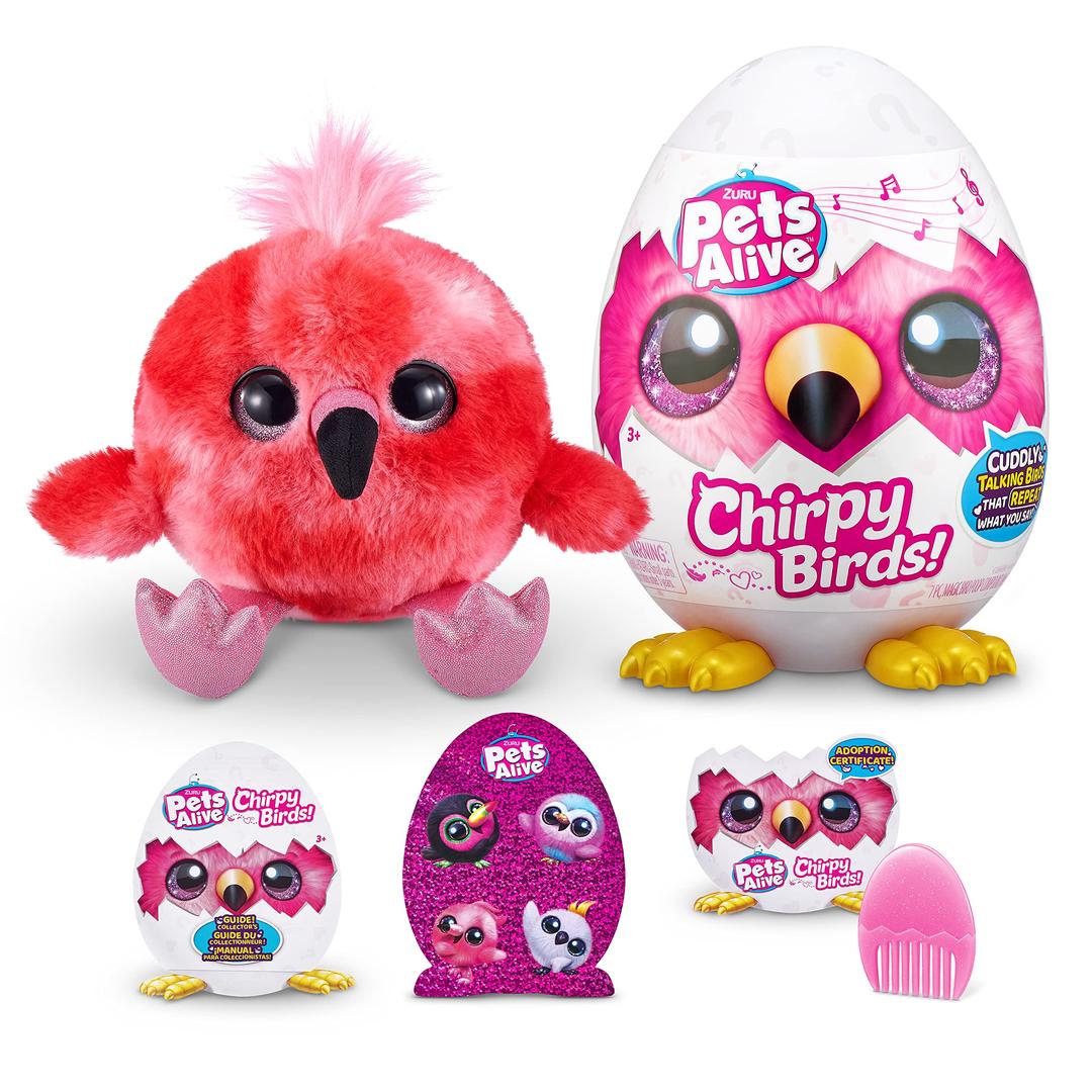 Pets AliveChirpy Birds (Flamingo) by ZURU, Electronic Pet That Speaks, Giant Surprise Egg, Stickers, Comb, Fluffy Clay, Bird Animal Plush for Girls