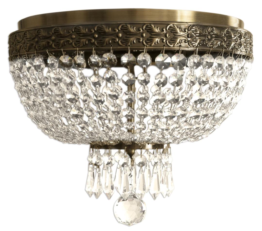 Royal Designs Flush Mount Ceiling Light, Antique Brass Finish, 2 Lights, Round Crystal Chandelier