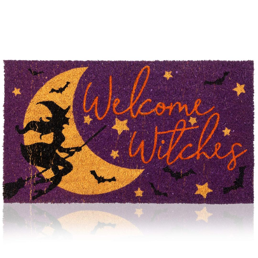 Juvale Halloween Coir Door Mat, 30x17 Inches Welcome Witches Door Mat, Durable Halloween Outdoor Mat for Seasonal Decor, Nonslip Witchy Front Door Mat for Porch, Patio, and Entryway