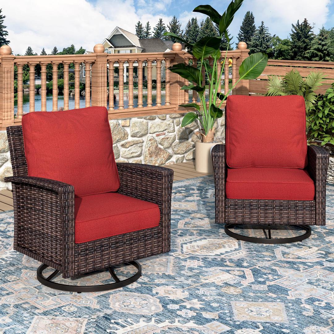 Swivel Patio Wicker Chairs Set of 2, High Back Outdoor Swivel Patio Rattan Chairs with 5.5" Thick Cushions for Bistro Balcony Porch Deck and Yard, Red