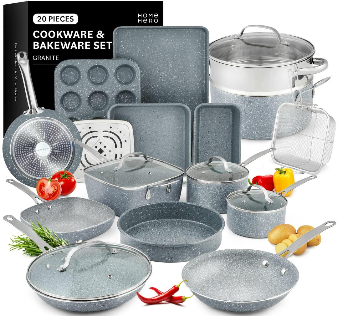 Home Hero Pots and Pans Set Non Stick - Induction Compatible Kitchen Cookware Sets + Bakeware Sets - Non Stick, PFOA Free, Oven Safe Pot and Pan Set Nonstick (20 Pcs - Granite)