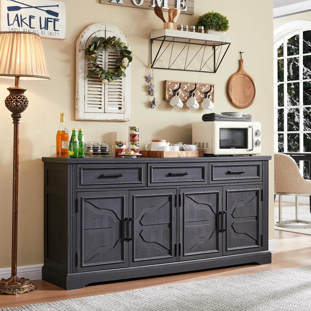 JXQTLINGMU 66" Large Buffet Sideboard Cabinet with 4 Doors and 3 Drawers, Buffet Table Coffee Bar Wine Bar Storage Cabinet for Dining Room, Living Room, Cool Black