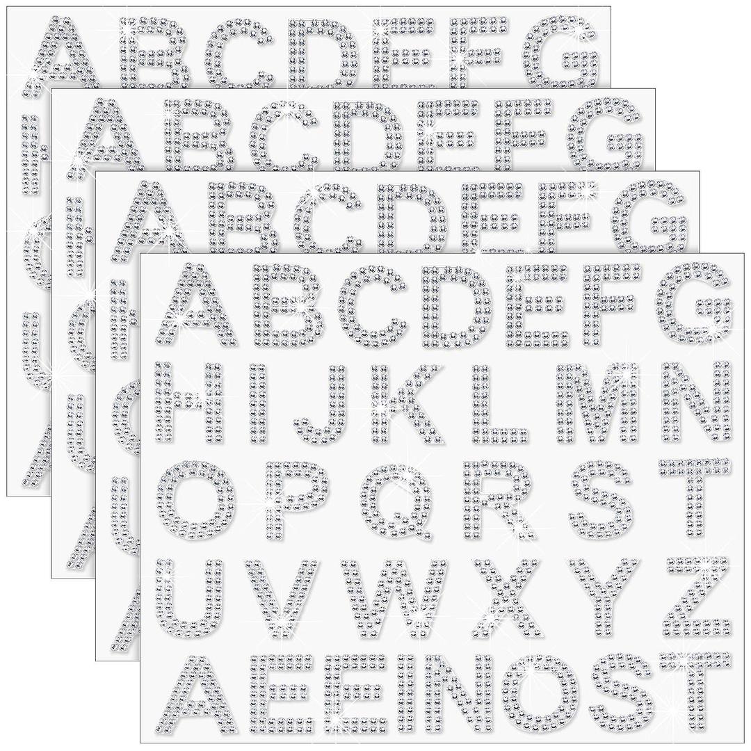 Zonon136 Pieces Rhinestone Letter Iron-on Sticker Large Glitter Bling Alphabet Letter Sticker and Crystal Gemstone Border Sticker 34 Letters Self-Adhesive Letter Sticker for Art Craft (Silver)