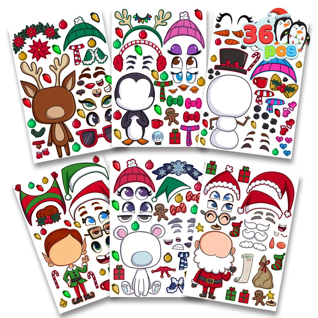 JOYIN 36 Pcs Christmas Make-a-face Sticker Sheets Make Your Own Xmas Characters Mix and Match Sticker with Full Body Design Reindeer, Snowman, Elf, for Kids Party Favor Art Craft Classroom Activities