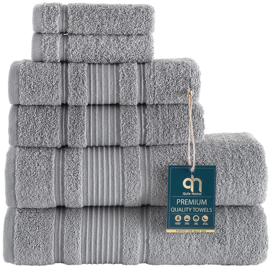 Qute Home6-Piece Bath Towels Set, 100% Turkish Cotton Premium Quality Bathroom Towels, Soft and Absorbent Turkish Towels, Set Includes 2 Bath Towels, 2 Hand Towels and 2 Washcloths (Grey)