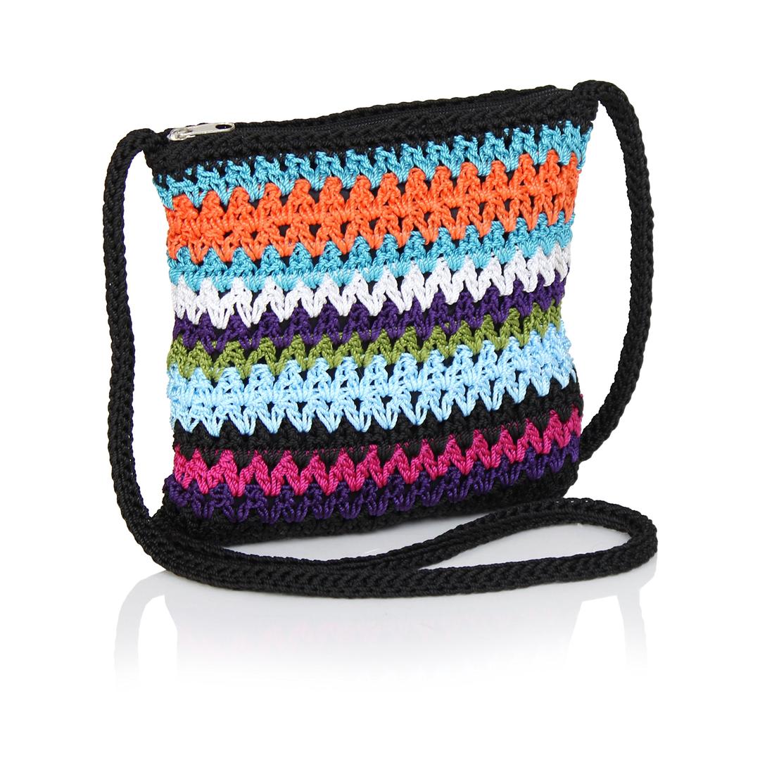 HatQuarters Boho Crochet Crossbody Handbag, Organizer Sling Bag, Small Crocheted Hippie Purse