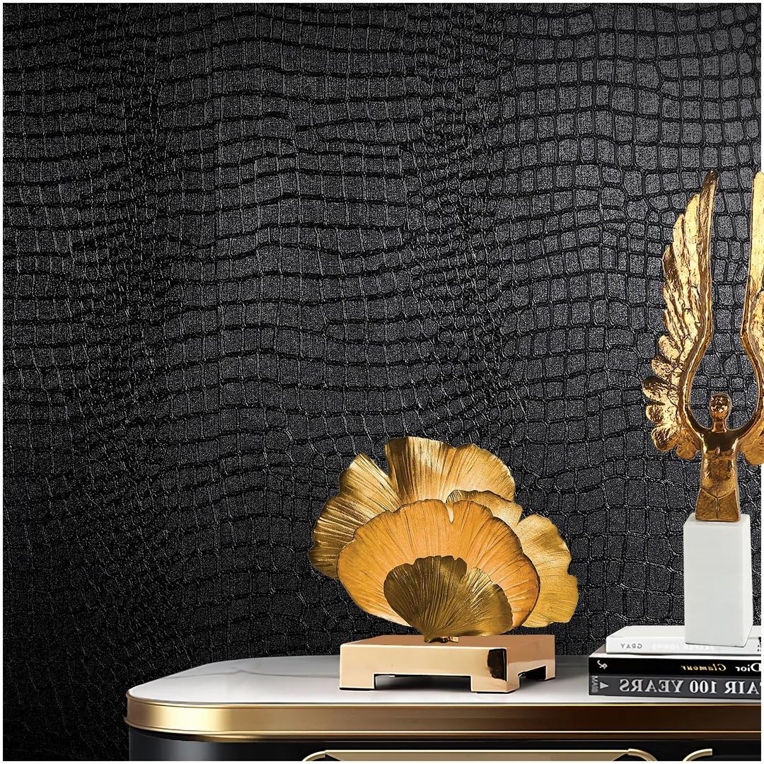 Black Peel and Stick Wallpaper, 15.7" X 118" Crocodile Wallpaper Embossed Easy Peel Off Wallpaper Self Adhesive Removable Contact Paper Textured Wallpaper for Cabinet Bedroom