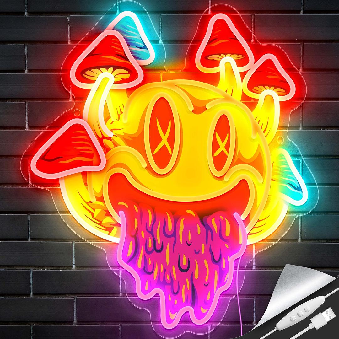 GGK Smiling with Mushrooms Neon Sign Unique Mushroom Decor Aesthetic Room Decor Trippy Mushrooms Light for Halloween Parties, Bedroom Wall, Bar, Game Room, Man Cave