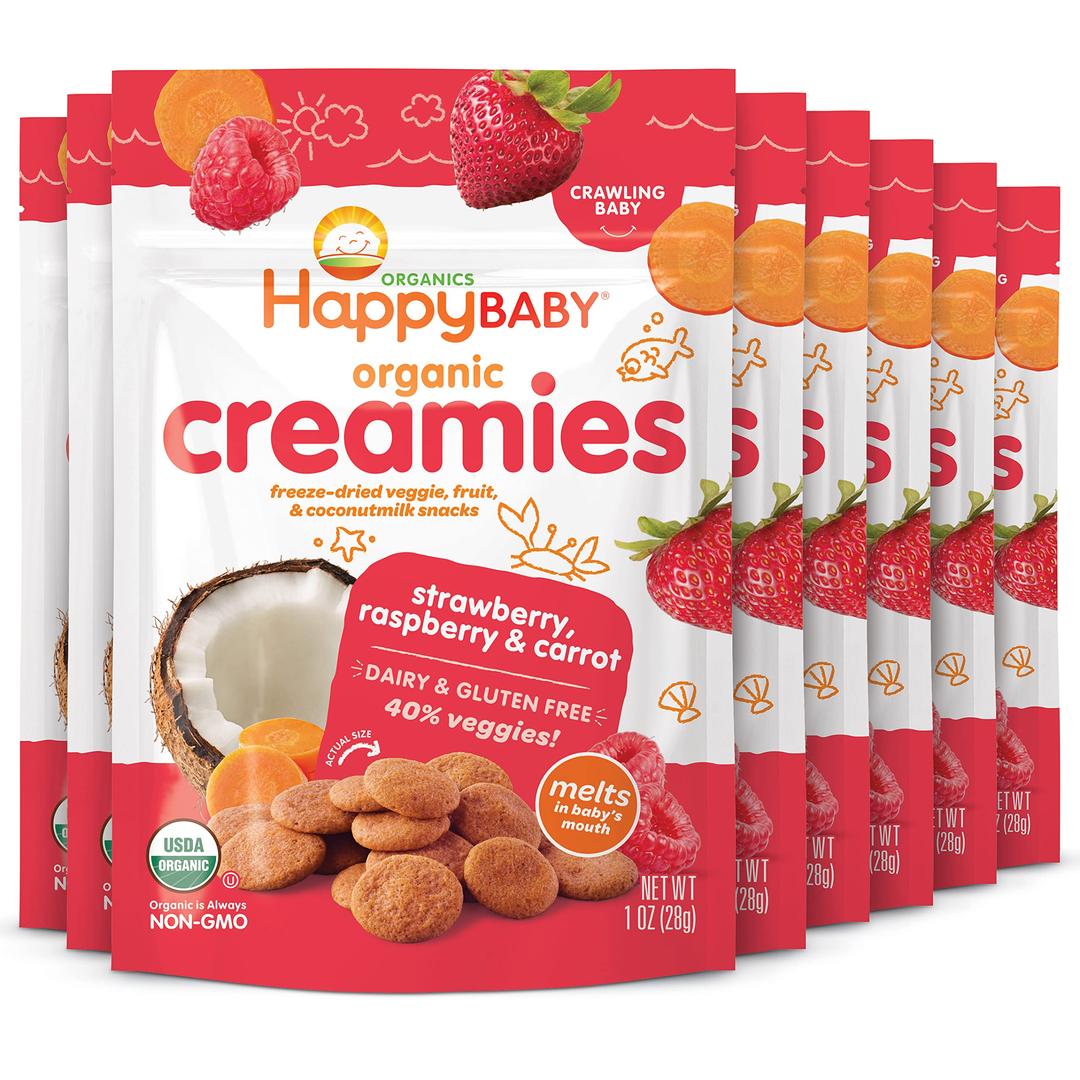 Happy Creamies Family Baby Organic Creamies Freeze-Dried Veggie & Fruit Snacks with Coconut Milk Strawberry Raspberry & Carrot, 1 Ounce (Pack of 8)