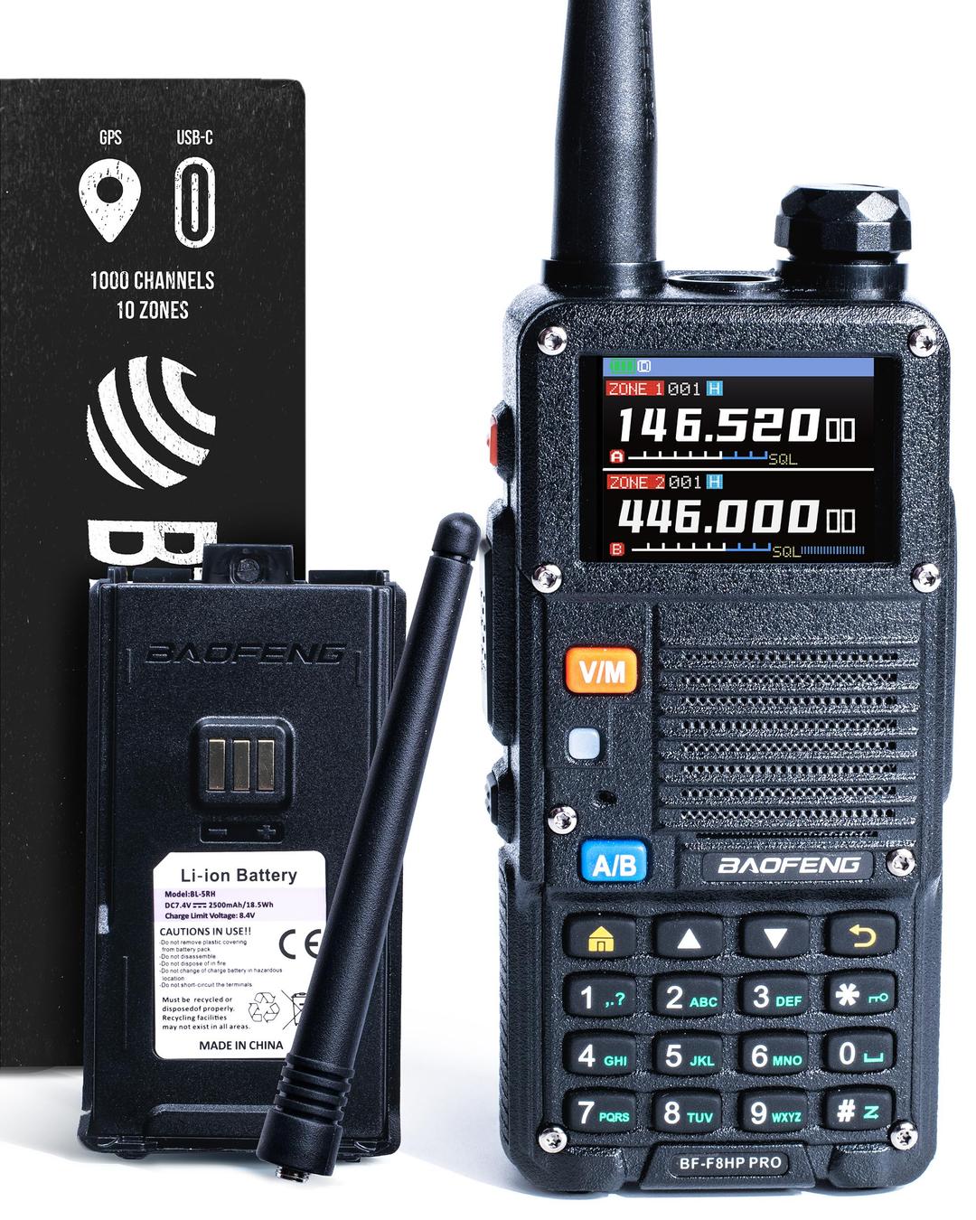 BAOFENG BF-F8HP PRO (UV-5R 7th Gen) 8W Tri Band Two-Way Radio - VHF/1.25M/UHF, IP54, 1000 Channels, GPS, Aviation Band Scanner, NOAA Weather Mode, USB-C Rechargeable Battery