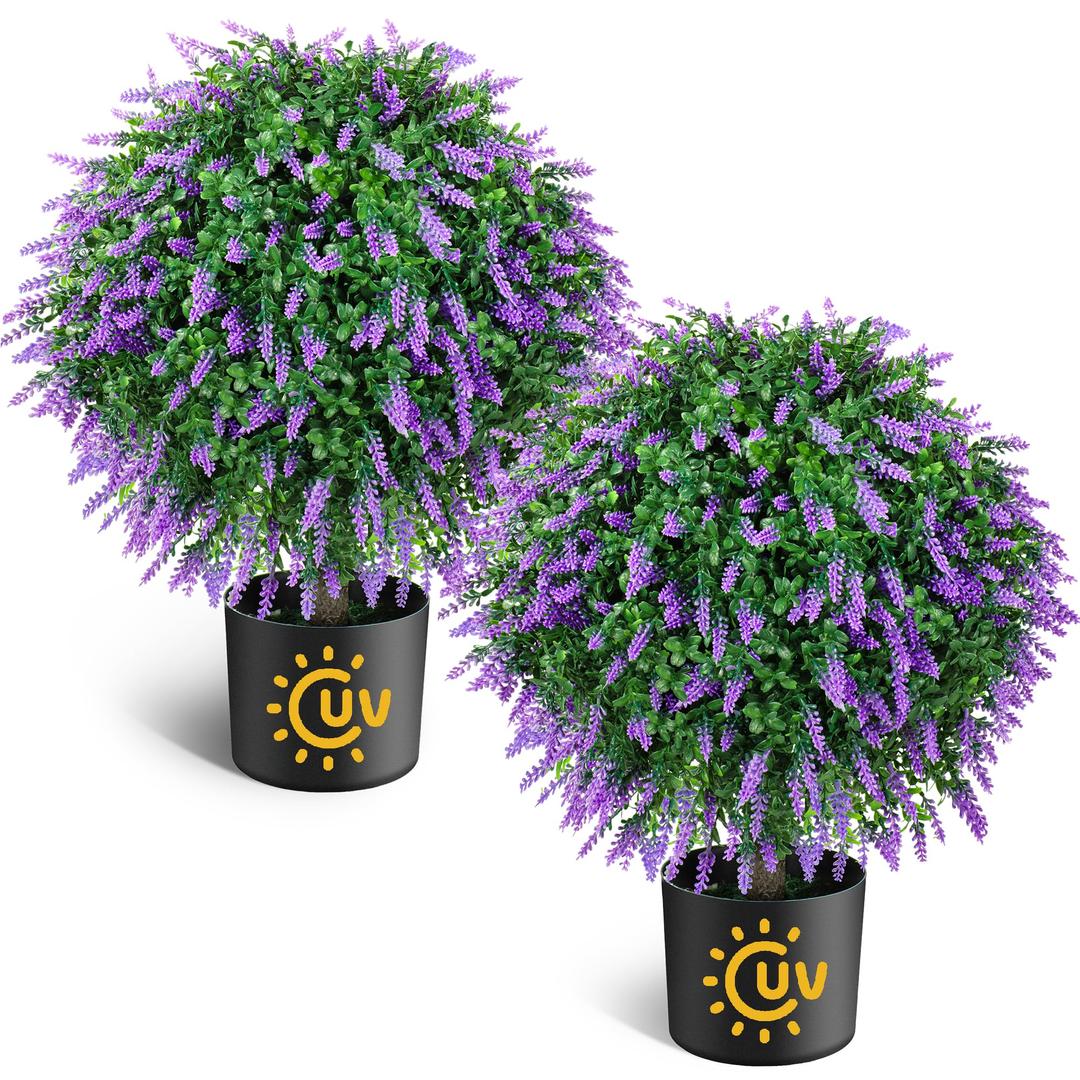 21.6“ Artificial Lavender Topiary Ball Trees Set of 2, UV Protected Outdoor Faux Potted Plants with Cement Pot, Evergreen Shrubs Bushes for Front Door Porch Garden Backyard