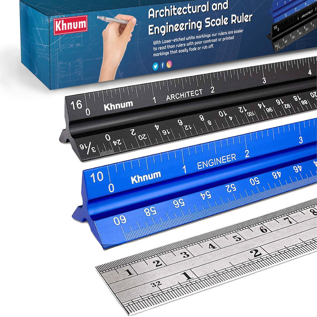 12-Inch Architectural and Engineering Scale Ruler Set (Imperial) | Laser-Etched Aluminum Triangular Drafting Tool | for Architect and Civil Engineer Blueprints | Standard Metal Ruler Included