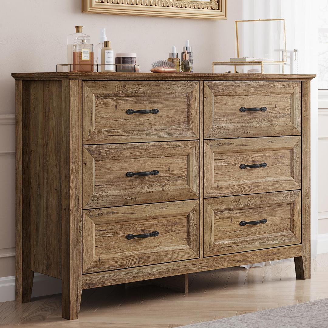 LINSY HOME Dresser for Bedroom, Long Dresser with 6 Drawers, Wood Chest of Drawers with Metal Handles, Ideal for Living Room, Entryway and Hallway