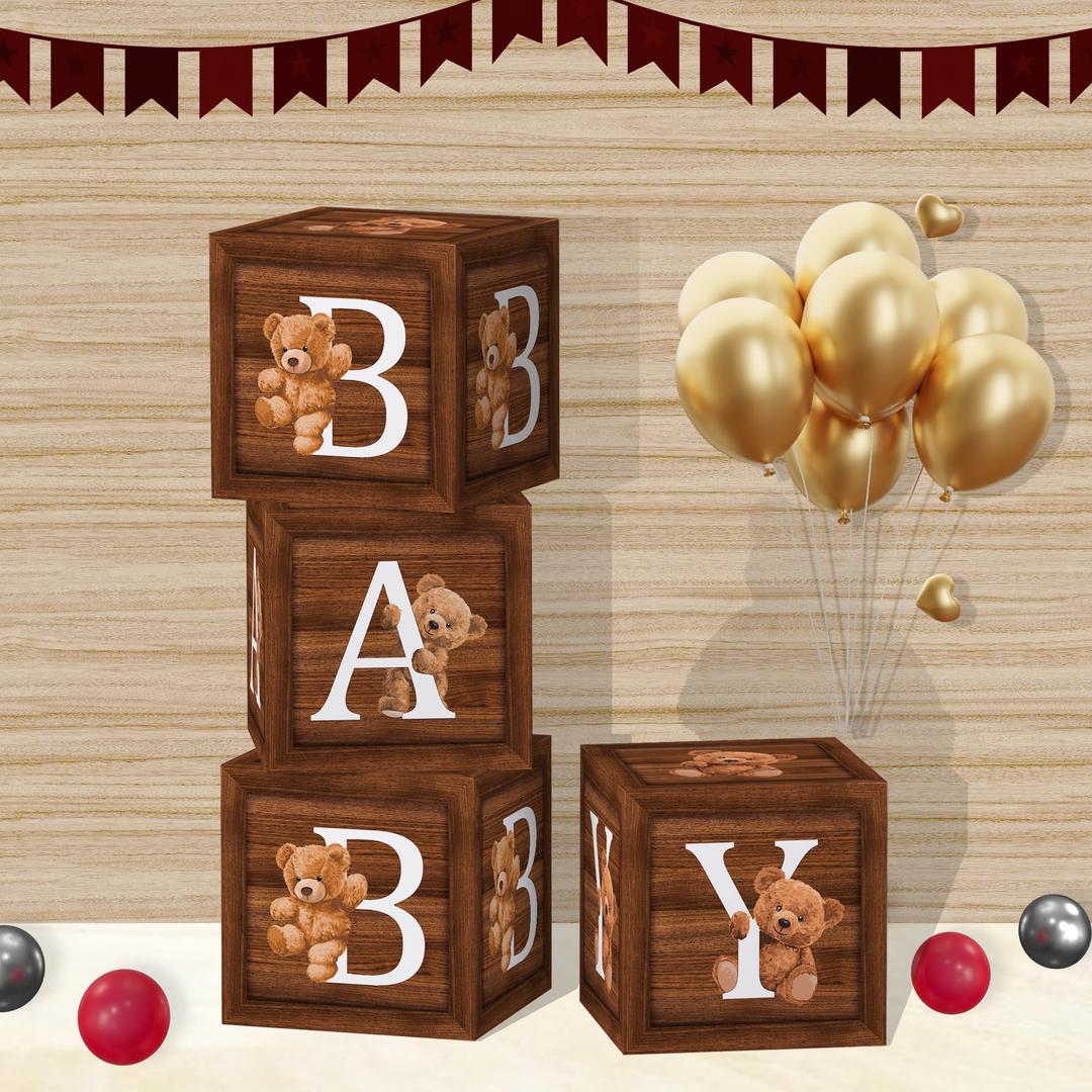 Teddy Bear Baby Balloon Boxes With Letters For Baby Shower Party - 4 Pcs Brown Balloon Box Baby Shower Backdrop Block Decorations For Teddy Bear Baby Shower Decorations