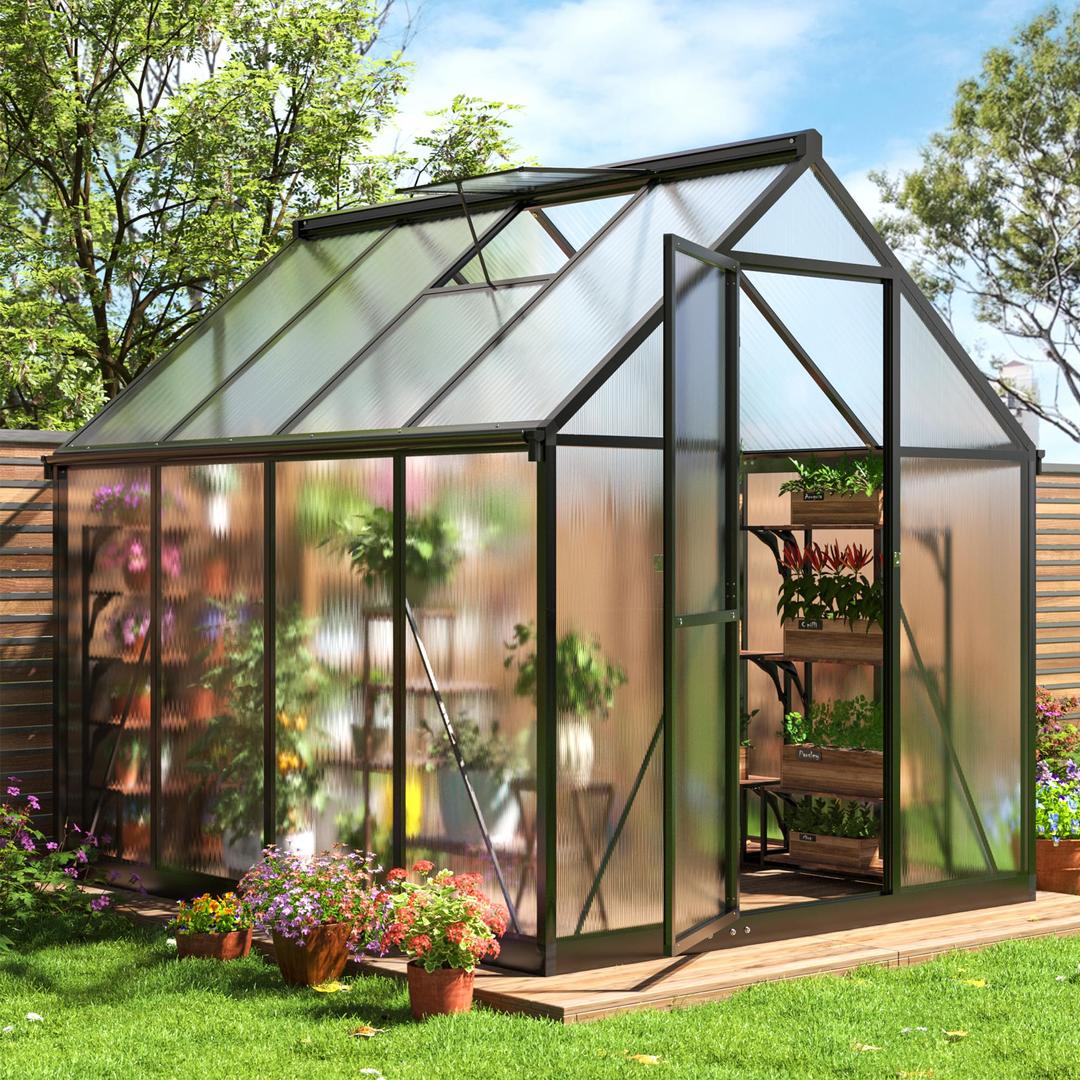 6x7.5 FT Quick Setup Polycarbonate Greenhouse with Roof Vent, Large Aluminum Walk-in Green House for Outdoor Garden Backyard, Black