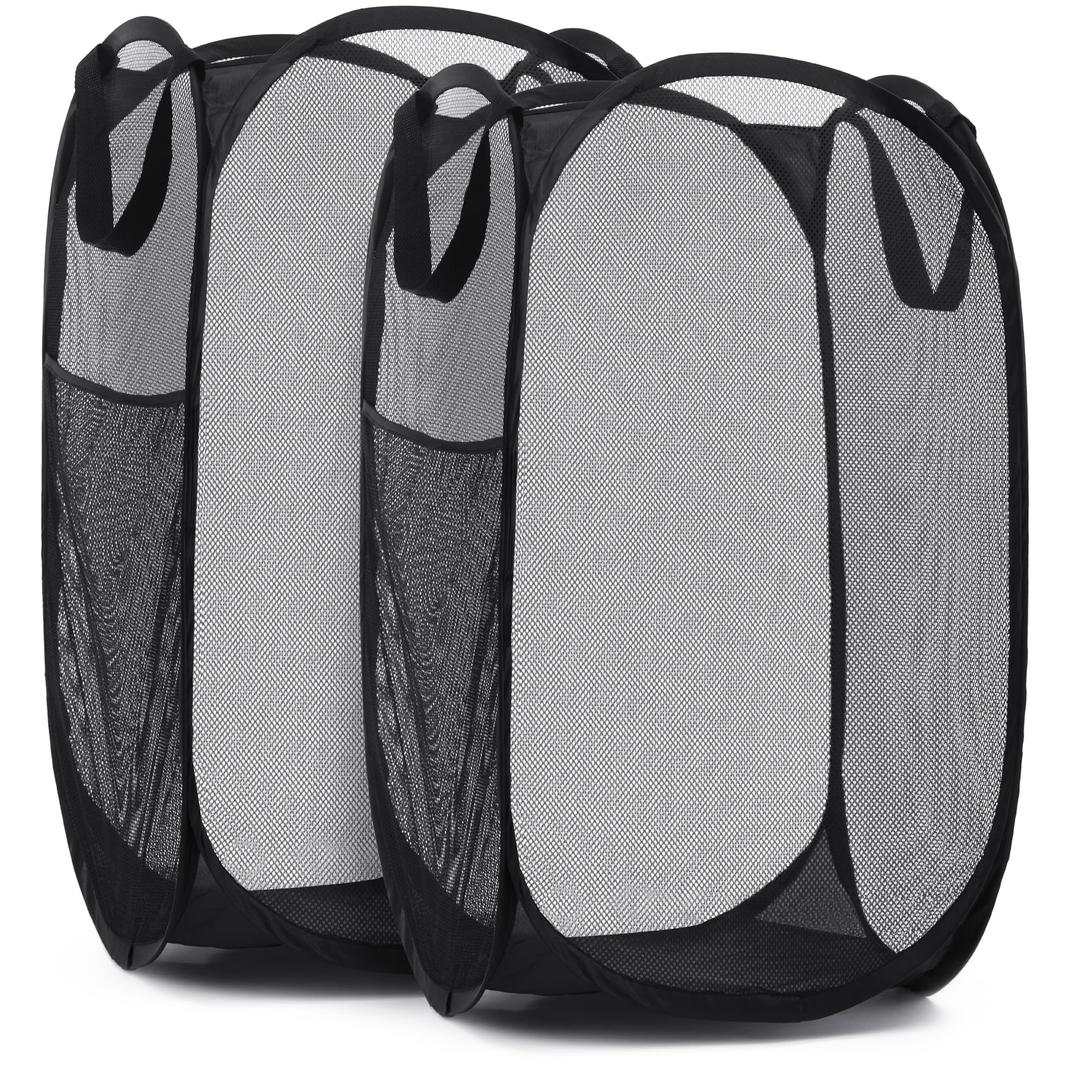 Handy Laundry Collapsible Mesh Pop Up Hamper with Wide Opening and Side Pocket – Breathable, Sturdy, Foldable, and Space-Saving Design for Clothes and Storage. (Black | 2-Pack)