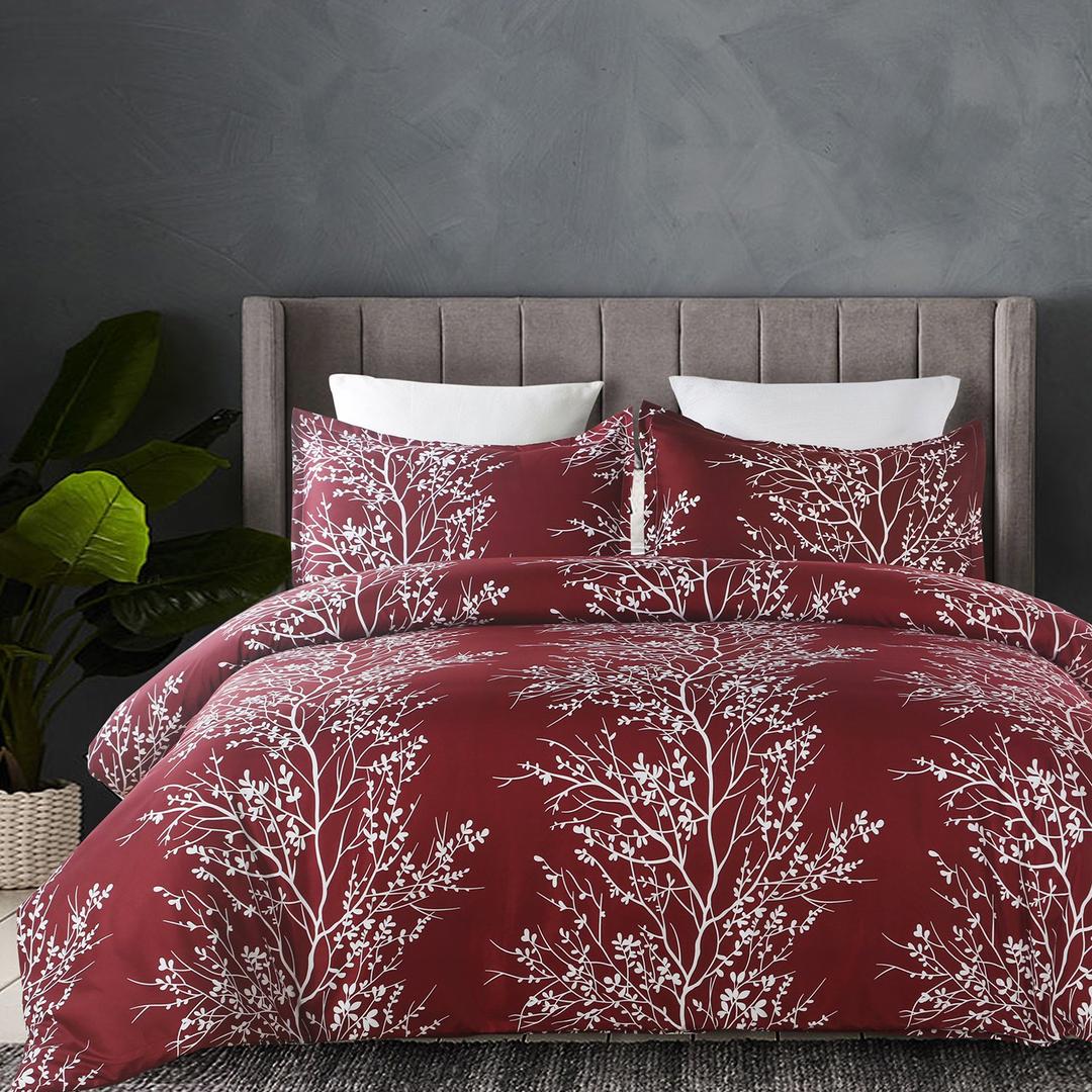 VauliaLightweight Microfiber Duvet Cover Set, Branch and Flowers Print Pattern Design - Burgundy Red Color, Queen 3-Piece Set (1 Duvet Cover 2 Pillow Shams)