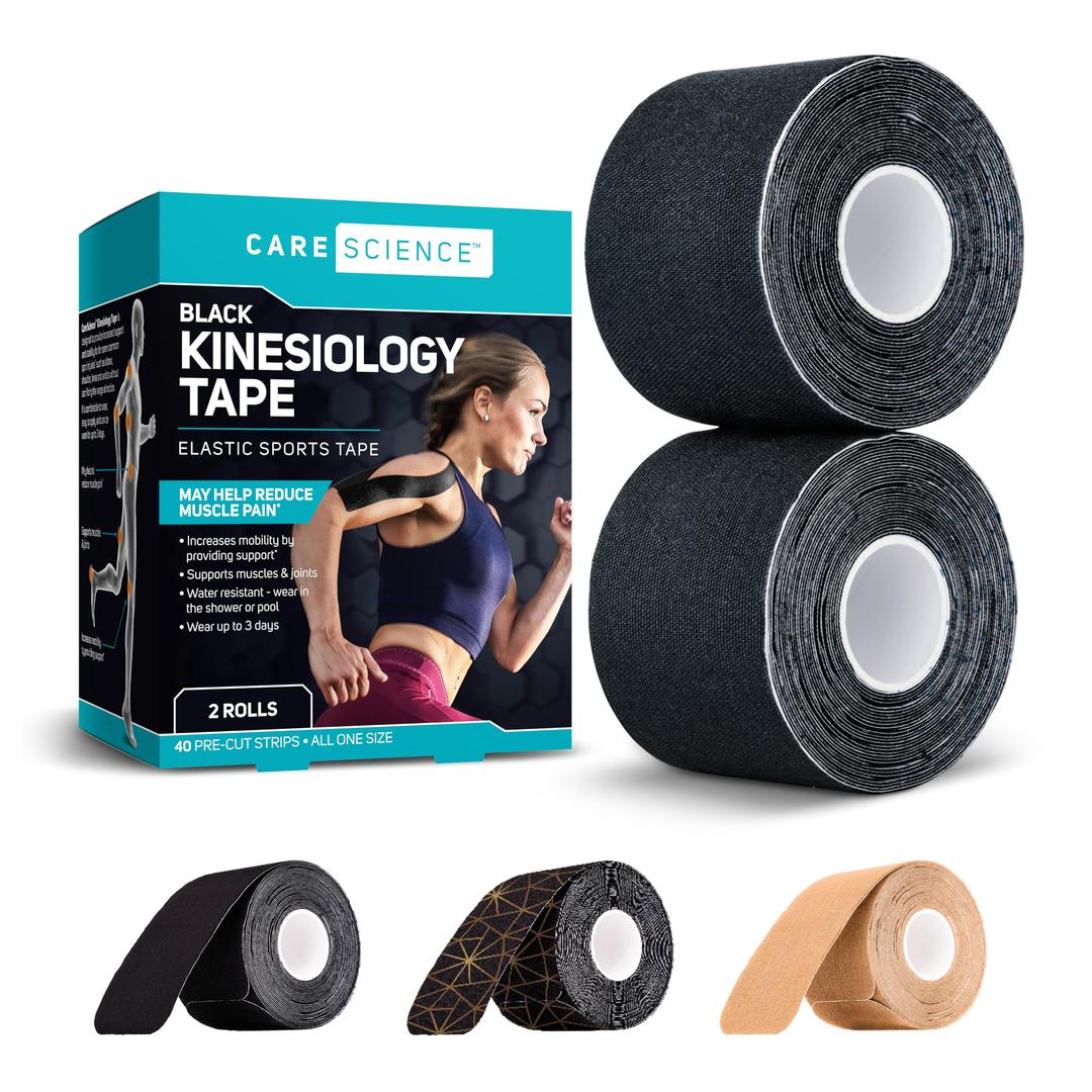 Care Science Waterproof Kinesiology Tape, 40 ct Precut Strips (2 Rolls), Black | Elastic Sports & Weightlifting Tape Supports Muscles & Joints. Water Resistant